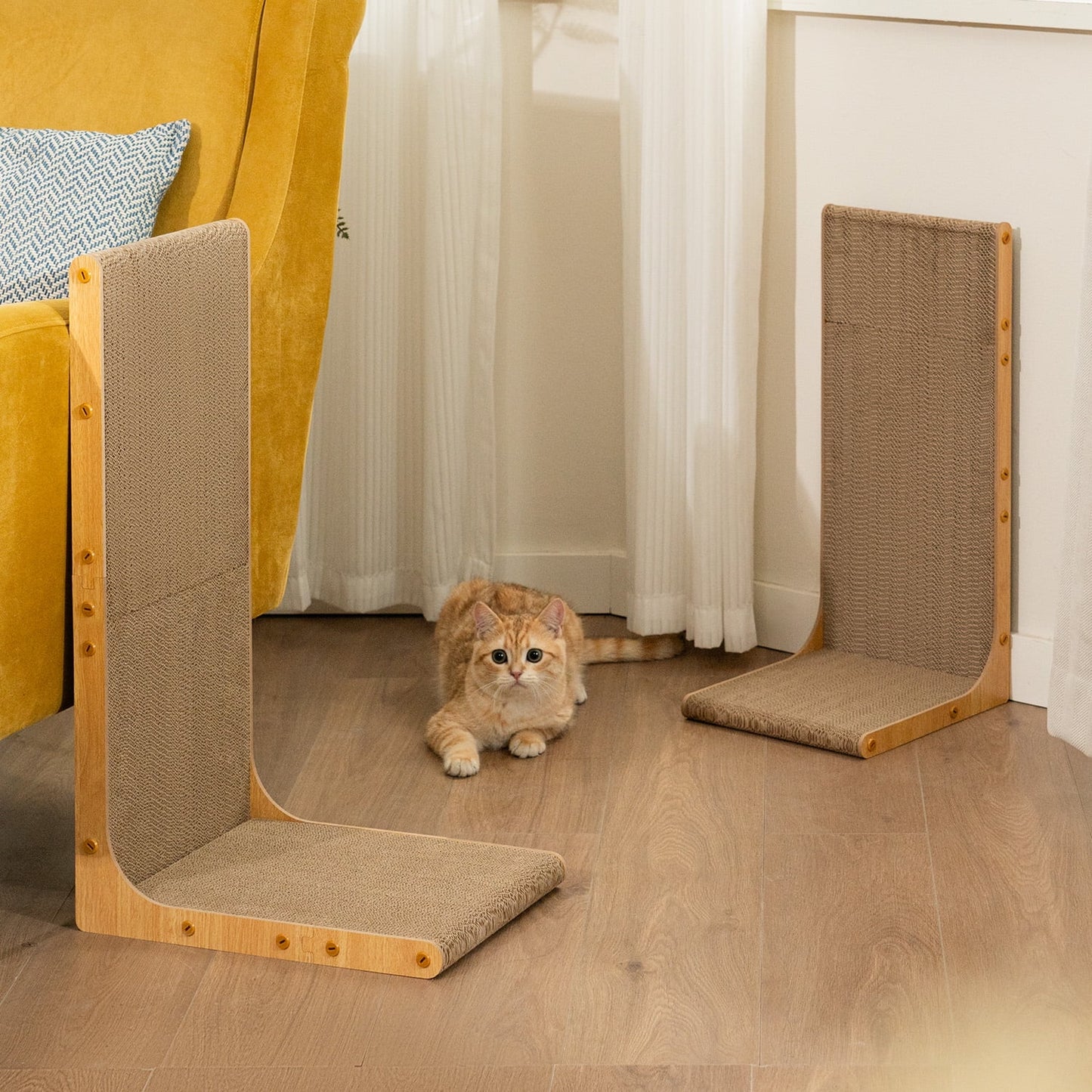 Cat Scratcher Cardboard,L Shape Scratch Pad,Vertical Scratching Board, Durable Cardboard to Protect Furniture for Indoor Cats,Light Wood Large