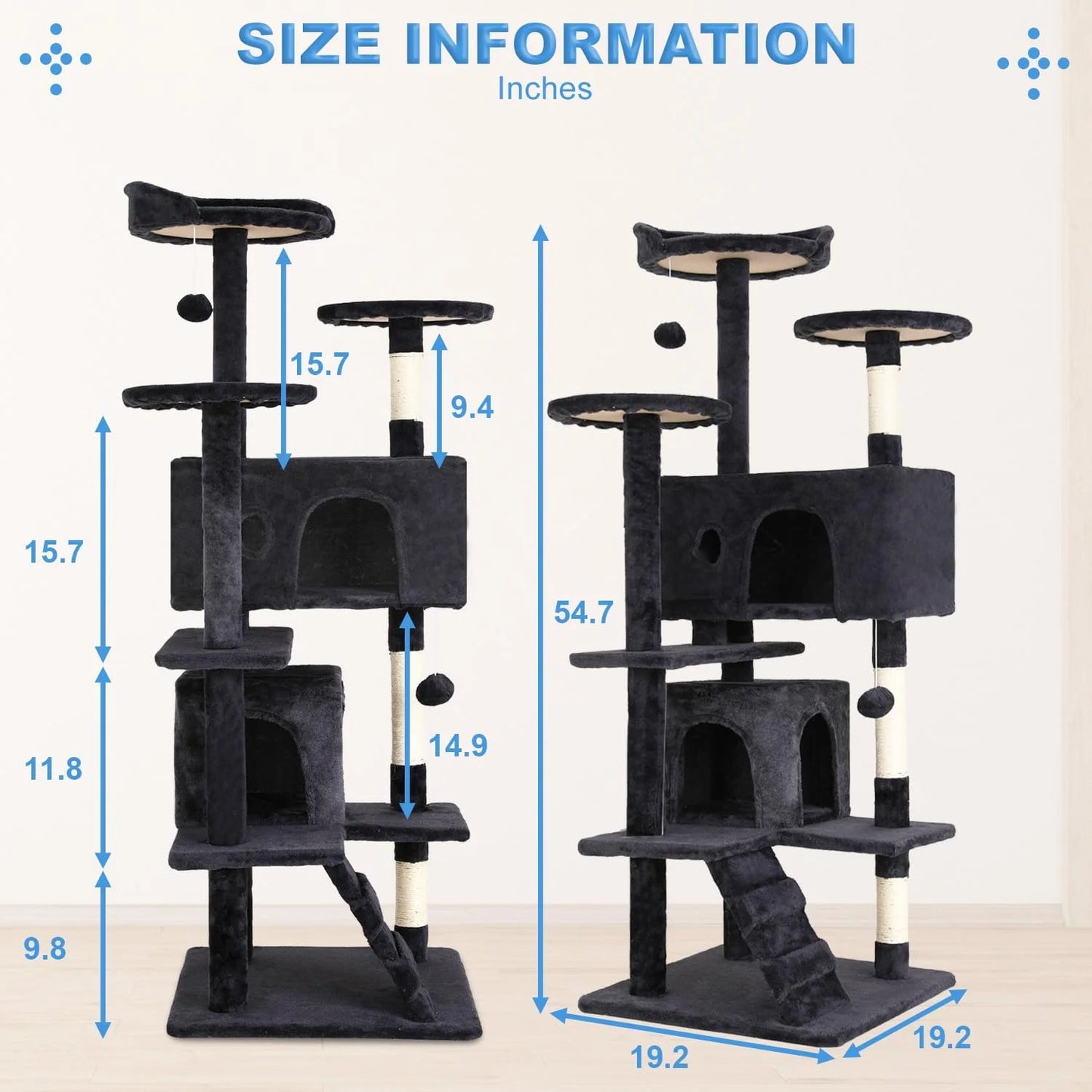 54 in Dark Gray Cat Tree Tower with Scratch Posts Condo and Toys for Active Cats