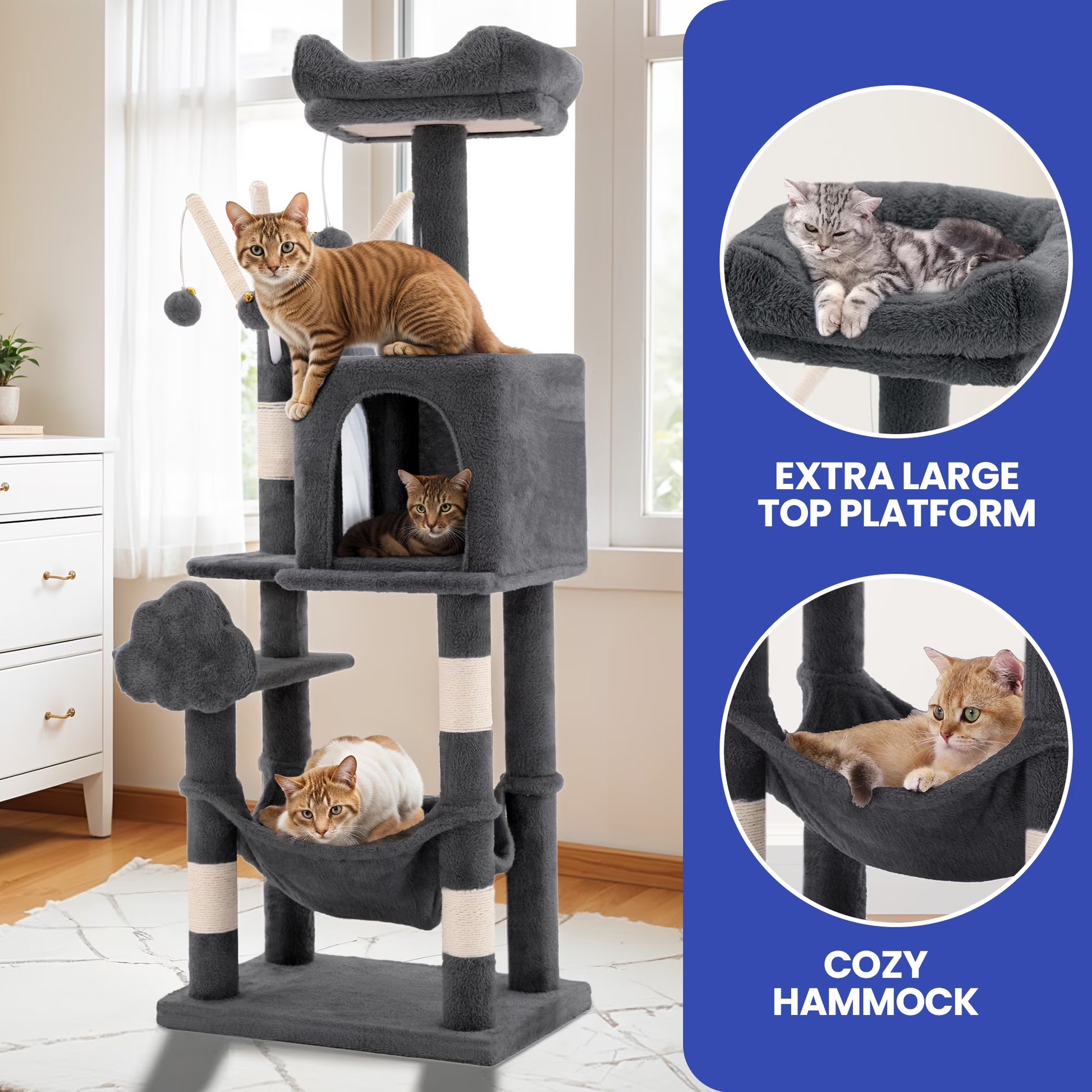 44" Multi-Level Cat Condo with Scratch Posts and Hammock, Dark Gray