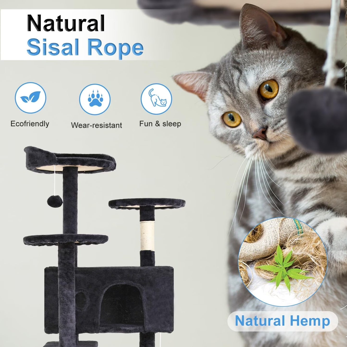 54 in Dark Gray Cat Tree Tower with Scratch Posts Condo and Toys for Active Cats