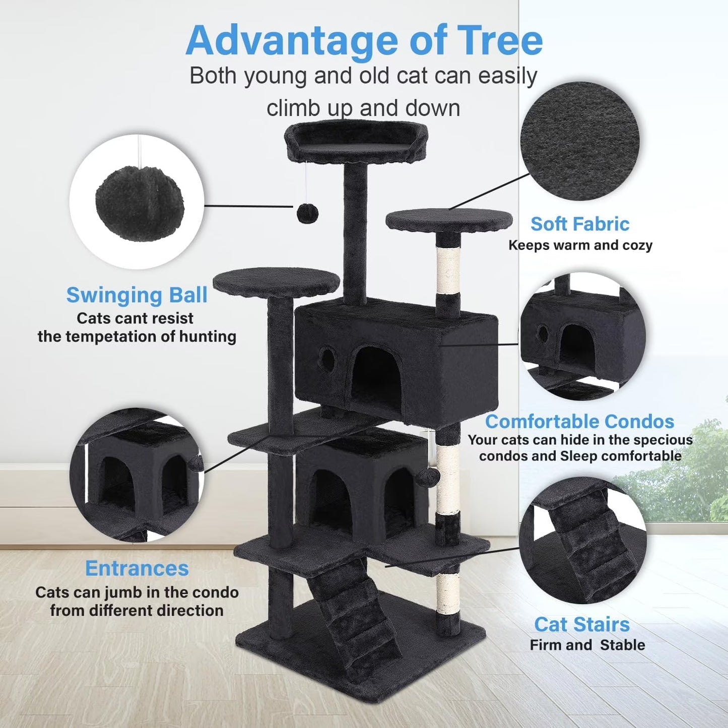 54 in Dark Gray Cat Tree Tower with Scratch Posts Condo and Toys for Active Cats