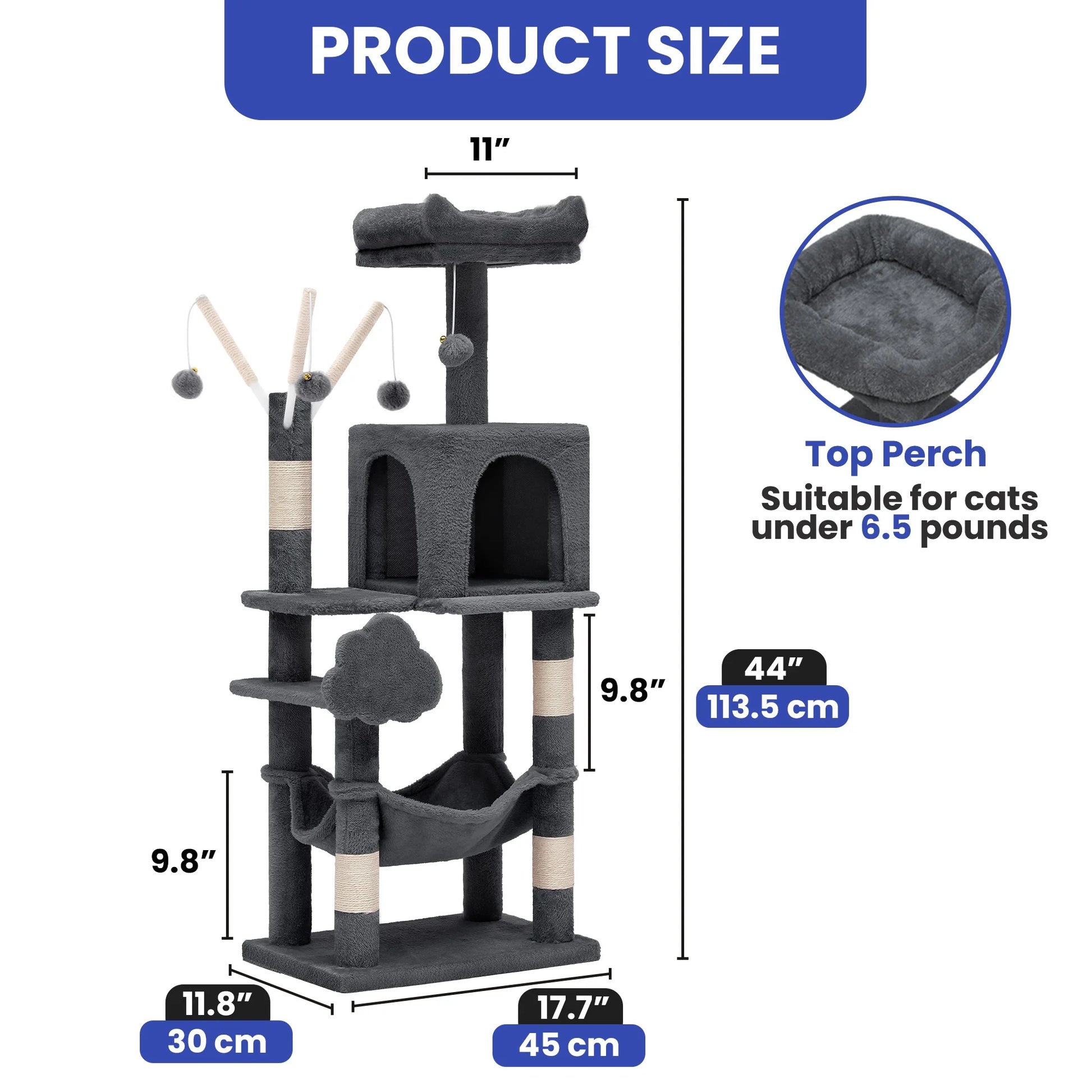 44" Multi-Level Cat Condo with Scratch Posts and Hammock, Dark Gray