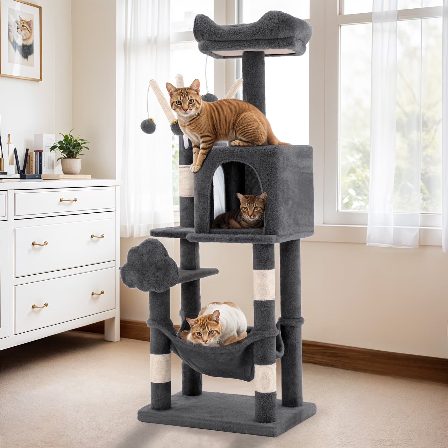 44" Multi-Level Cat Condo with Scratch Posts and Hammock, Dark Gray