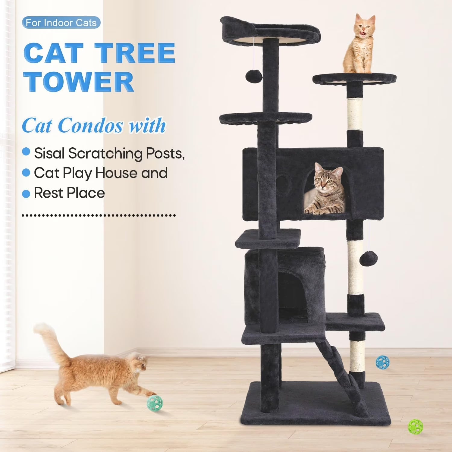 54 in Dark Gray Cat Tree Tower with Scratch Posts Condo and Toys for Active Cats