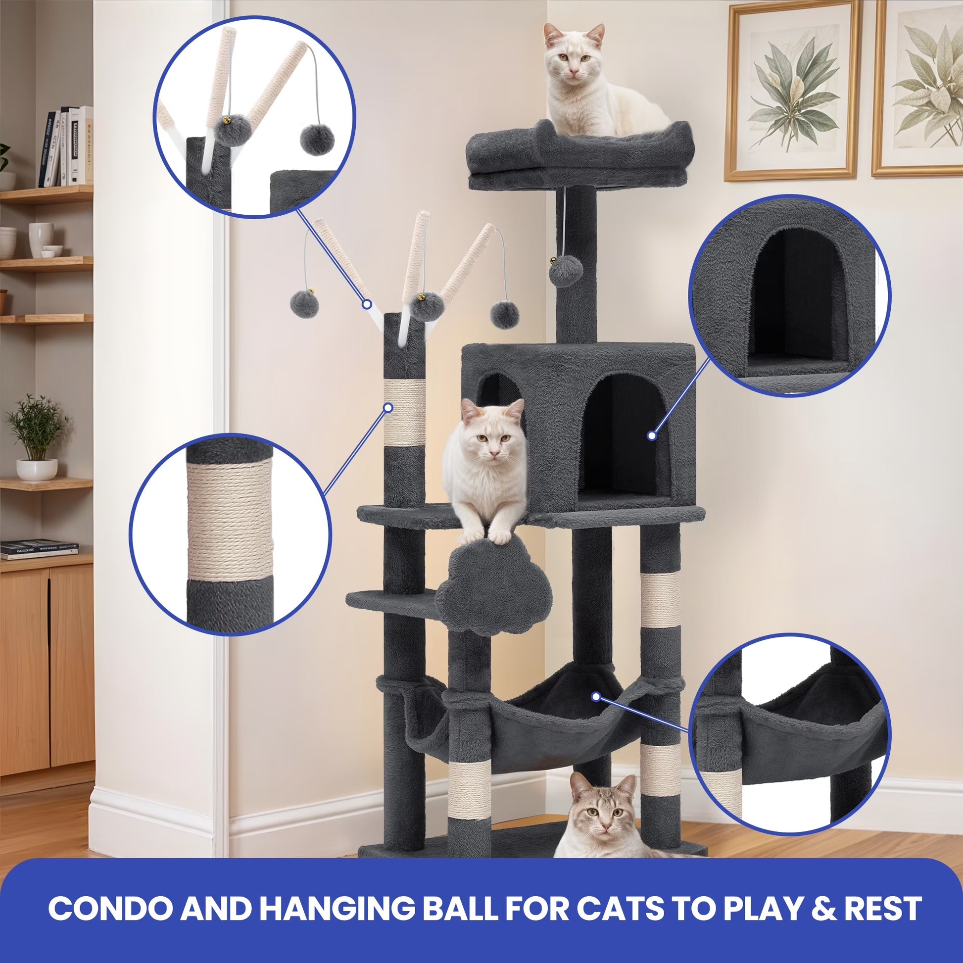 44" Multi-Level Cat Condo with Scratch Posts and Hammock, Dark Gray