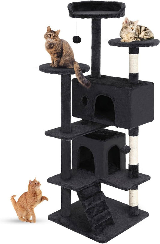 54 in Dark Gray Cat Tree Tower with Scratch Posts Condo and Toys for Active Cats