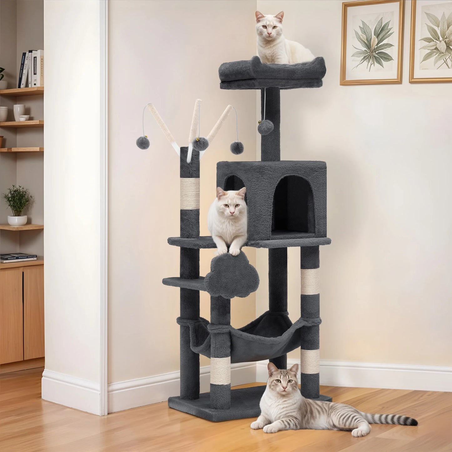 44" Multi-Level Cat Condo with Scratch Posts and Hammock, Dark Gray